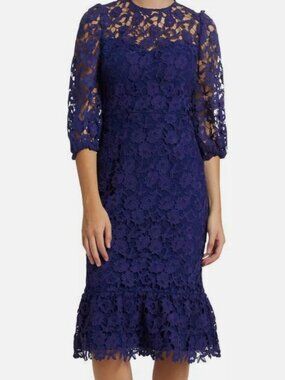 Shoshanna Women's Blue Judith Floral Lace Puff Sleeve Midi Dress Size 6